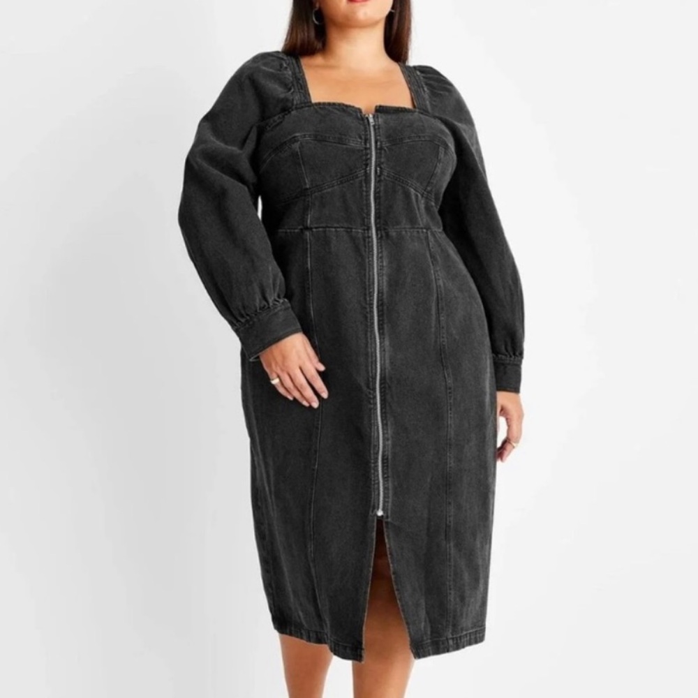 Future Collective Kahlana Barfield Brown Zip Front Denim Dress Puff Sleeve 16